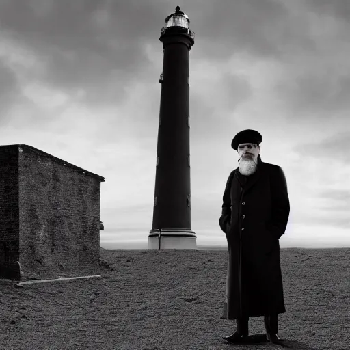 Image similar to Live Action Still of Jerma985 in a film as a Lighthouse Keeper with an overcoat, hat, and beard, black and white, hyperrealistic, ultra realistic, realistic, highly detailed, epic, HD quality, 8k resolution, body and headshot, film still