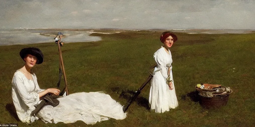 Prompt: A young Edwardian woman wearing a white dress, uses a metal detector on a beach in Sweden, in the style of Anders Zorn