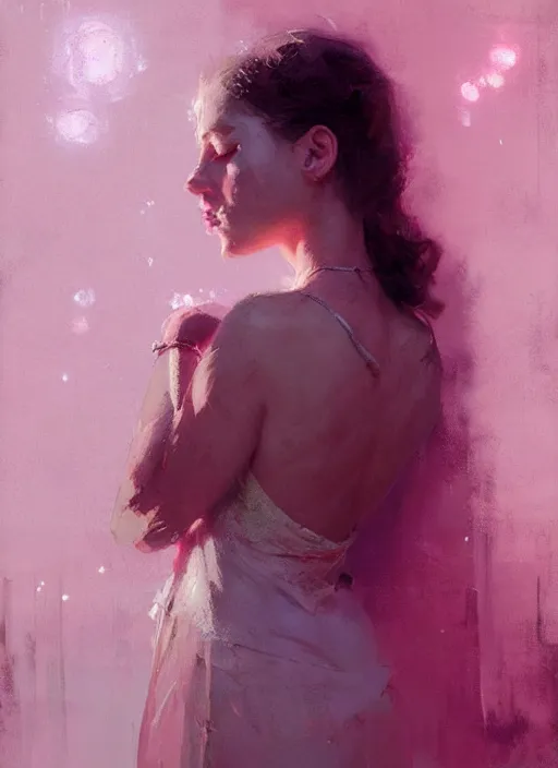 Image similar to portrait of a beautiful girl, eyes closed, shades of pink, beautiful face, rule of thirds, intricate outfit, spotlight, by greg rutkowski, by jeremy mann, digital painting