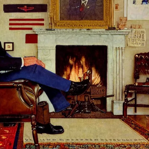 Prompt: a portrait painting by Norman Rockwell of Joe Biden sitting in a chair. Cozy fire. Legs crossed