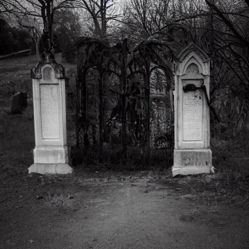 Prompt: Creepy entrance of a cemetery with a grey weather