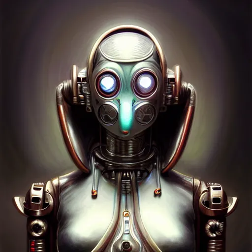 Image similar to front shot of a cyberpunk gazmask robot character, intricate, elegant, highly detailed, centered, digital painting, artstation, concept art, smooth, sharp focus, illustration, artgerm, Tomasz Alen Kopera, Peter Mohrbacher, donato giancola, Joseph Christian Leyendecker, WLOP, Boris Vallejo