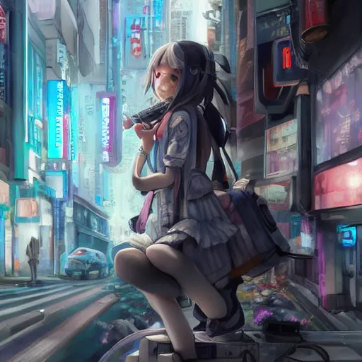 Image similar to dynamic composition, motion, ultra-detailed, incredibly detailed, a lot of details, amazing fine details and brush strokes, colorful and grayish palette, smooth, HD semirealistic anime CG concept art digital painting, watercolor oil painting of Clean and detailed post-cyberpunk sci-fi close-up schoolgirl in asian city in style of cytus and deemo, blue flame, relaxing, calm and mysterious vibes,, by a Chinese artist at ArtStation, by Huang Guangjian, Fenghua Zhong, Ruan Jia, Xin Jin and Wei Chang. Realistic artwork of a Chinese videogame, gradients, gentle an harmonic grayish colors. set in half-life 2, Matrix, GITS, Blade Runner, Neotokyo Source, Syndicate(2012), dynamic composition, beautiful with eerie vibes, very inspirational, very stylish, with gradients, surrealistic, dystopia, postapocalyptic vibes, depth of field, mist, rich cinematic atmosphere, perfect digital art, mystical journey in strange world