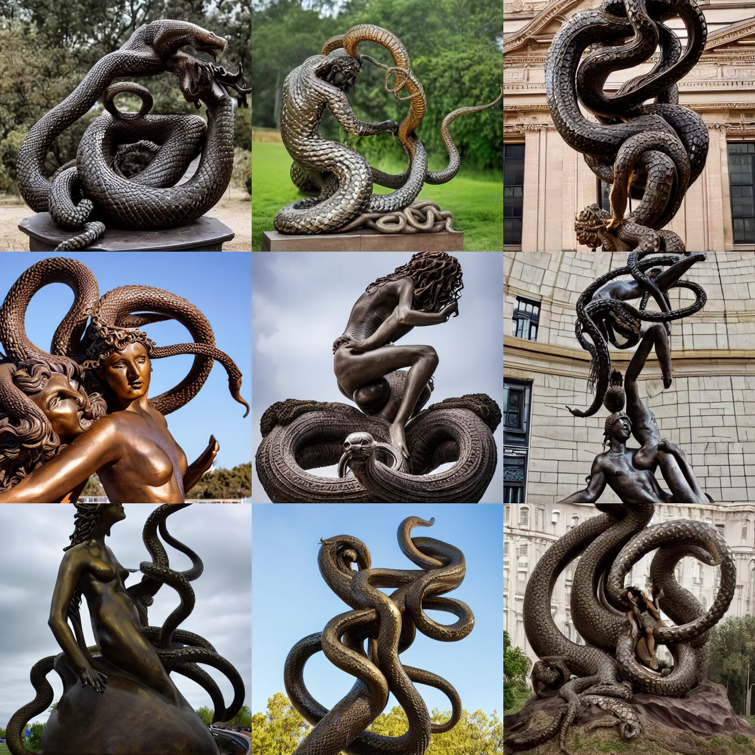 Prompt: giant bronze sculpture of medusa and ouroboros, intricate, professional photography, dramatic