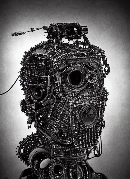 Prompt: old wetplate daguerreotype portrait of futuristic cyborg robot made from small screws and electrical wire, explosion of data fragments, fractal, intricate, elegant, highly detailed, parallax, leica, medium format, subsurface scattering, by jheronimus bosch and greg rutkowski and louis jacques mande daguerre