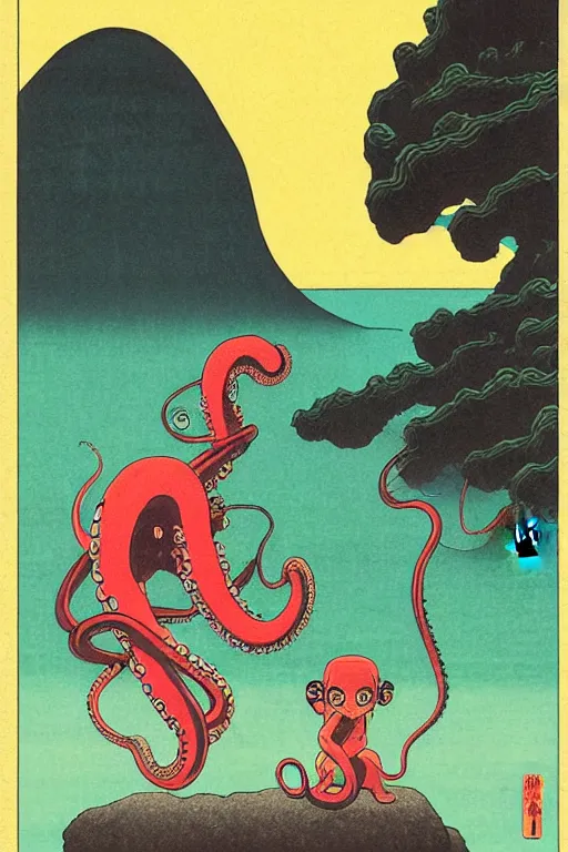 Image similar to the monkey and the octopus are best friends, photoillustration ink drawing acrylic art digital illustration oil on canvas photorealistic polished sci - fi ukiyo - e david rios ferreira filmic stock photo landscape polished photorealistic, by kawase hasui, moebius and edward hopper, vivid bright light, colorful flat surreal design, hd, 4 k, artstation