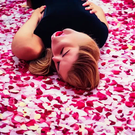 Image similar to woman laying in a pool of rose petals, movie poster, realistic, soft lighting, professional