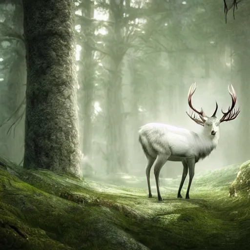 Prompt: a white stag in the forest, fantasy, unreal engine, dramatic lighting