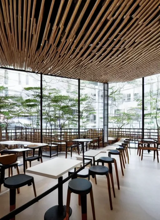 Prompt: modern cafe interior designed by kengo kuma, using modern material like steel + concrete + glass, biophilia