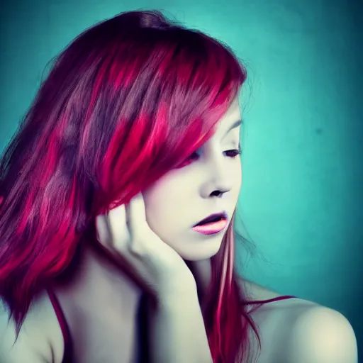 Prompt: a photo of a beautiful woman. moody and melanchonic. with a little bit of cyan and pink