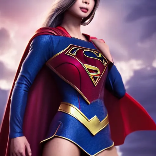 Prompt: a potrait of Anggun as Supergirl with full armory by Greg Rutkowski, Sung Choi, Mitchell Mohrhauser, Maciej Kuciara, Johnson Ting, Maxim Verehin, Peter Konig, Zack Snyder, 8k photorealistic, cinematic lighting, HD, high details, dramatic, trending on artstation, full body shot