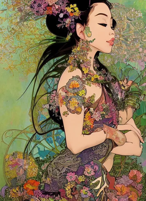 Image similar to !!! very coherent!!! oil painting, beautiful floralpunk balinese cyborg portrait girl female illustration detailed patterns art of bali traditional dress, flower pop art, floral splash painting, art by ashley wood, alphonse mucha, makoto shinkai, geof darrow, dark shadow