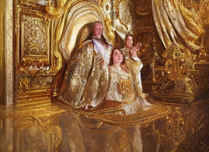 Image similar to kneeling before the pope, royal robe, gold trim, close - up, light effect, hyper detailed, intricate, atmospheric, elegant, photorealistic by paul lehr, marco mazzoni, featured on cgsociety, rococo, whimsical, artstation