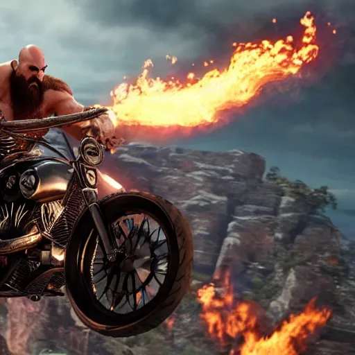 Image similar to kratos jumping a black harley - davidson motorcycle off a cliff, cinematic render, playstation studios official media, god of war 2 0 1 8, flames, centered