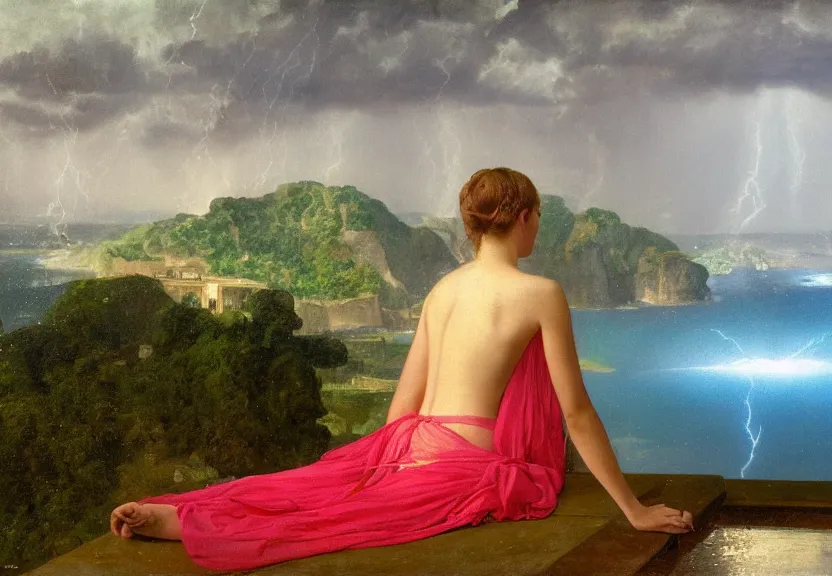 Image similar to Girl at the palace, refracted sparkles, thunderstorm, greek pool, beach and Tropical vegetation on the background major arcana sky, by paul delaroche, hyperrealistic 4k uhd, award-winning, very very very detailed