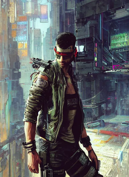 Prompt: Ezra. Cyberpunk mercenary in tactical gear climbing a security fence. rb6s, (Cyberpunk 2077), blade runner 2049, (matrix). Epic painting by Craig Mullins and Alphonso Mucha. painting with Vivid color.