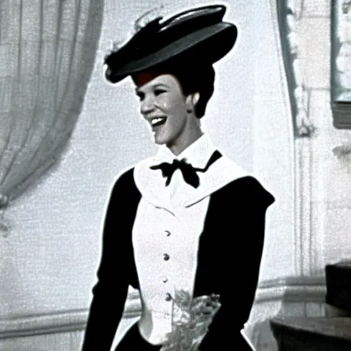 Prompt: Julie Andrews Mary Poppins from Disney 1964 smiling and winking with one eye, Still from Mary Poppins (1964)