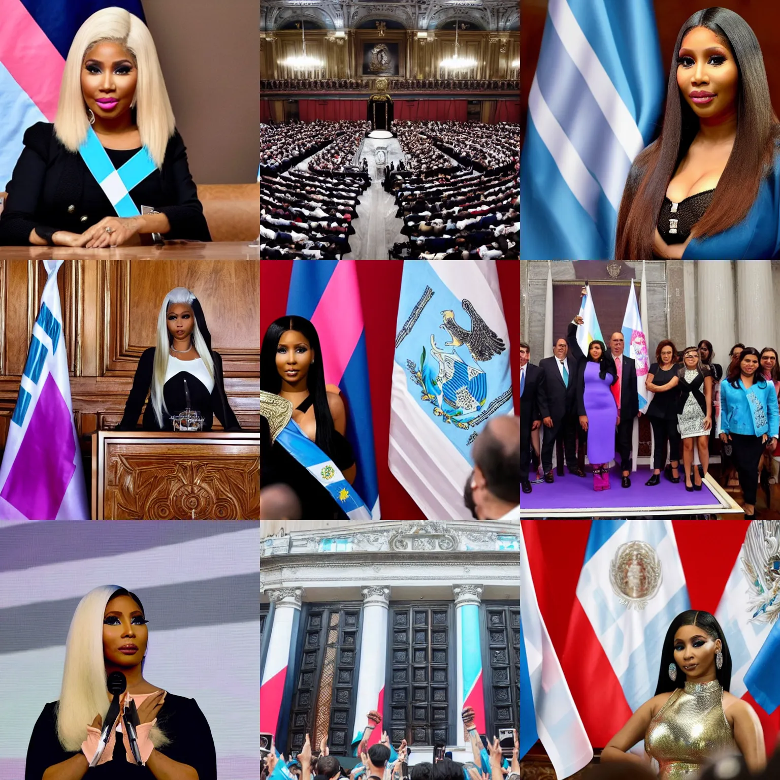 Image similar to Nicki Minaj president of Argentina, in the Argentine Congress, flags of Argentina behind