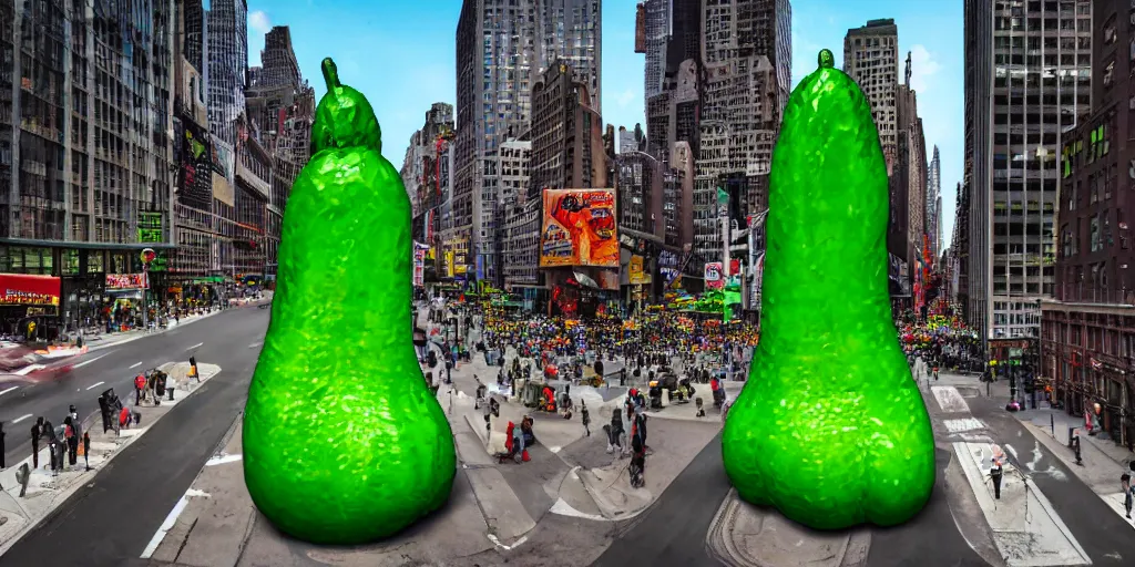 Prompt: a photograph of a single giant upright pickle sculpture in the center of a new york street, a large crowd have gathered, by Claes Oldenburg, Tilt shift, pop art, 3D render, Volumetric dynamic lighting, Highly Detailed, Cinematic Lighting, Unreal Engine, 8k, HD