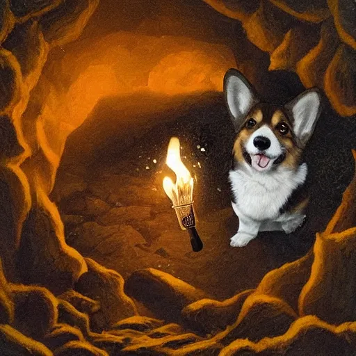 Prompt: a corgi as an eldtrich horror deep in a cave only the face of the corgi illuminated by a torch, realistic, creepy