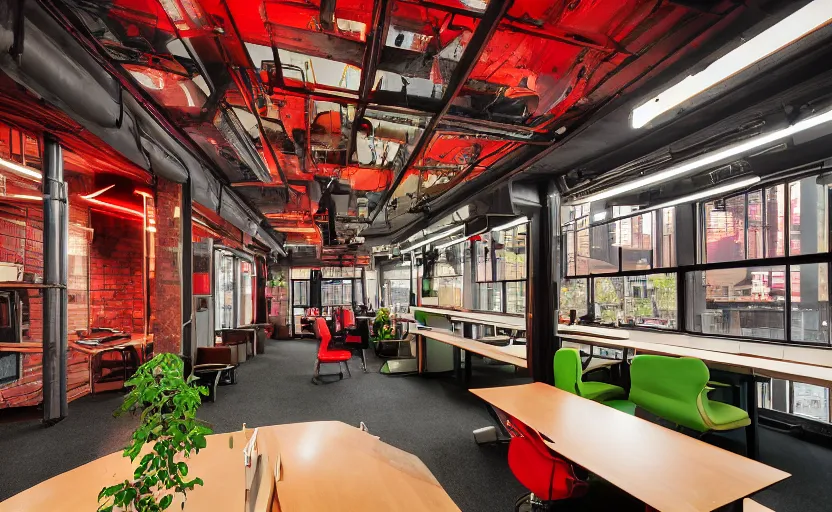 Image similar to maximalist interior of an office, pine wood, cyberpunk, japanese neon signs, retro futuristic, old brick walls, multiple desks, cupboards, rough wood, grey, anthracite, red, akihabara style, swedish style, green plants, window with a view of apartment blocks, 8K