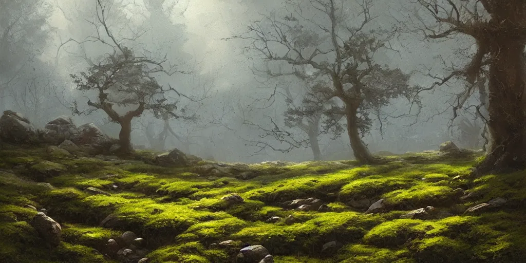 Image similar to beautiful oil painting of a rocky field with moss, a tree with blue leaves, glowing, gloomy, atmospheric lighting, detailed, by greg rutkowski, trending on artstation