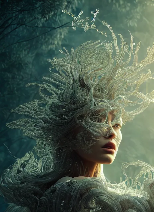 Image similar to sumptuous biomechanical incredible hair, crystalline masterpiece incrustations, hyperdetailed face, elegant pose, movie still, intricate, octane render, cinematic forest lighting, cgsociety, unreal engine, crepuscular rays, god rays