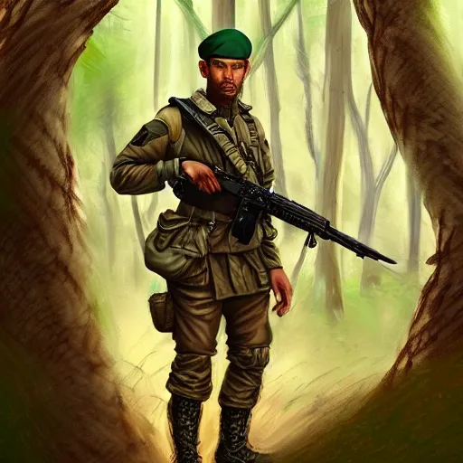 Image similar to male soldier in the forest, by annie leibowitz!!!, D&D, fantasy, intricate, elegant, highly detailed, digital painting, artstation, concept art, matte, sharp focus, illustration