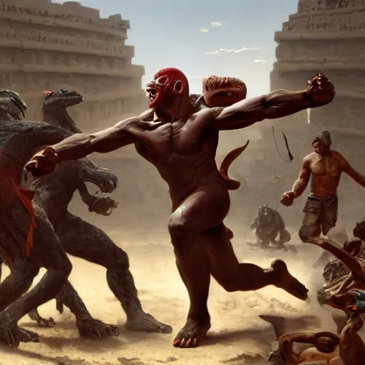 Prompt: Our Protagonist, a Dark Skinned Orc Barbarian Adventurer, winning in a foot race against soldiers mounted on Velociraptors, Aztec Coliseum, Oil Painting, hyperrealistic, octane render, Detailed Digital Art, RPG scene, William-Adolphe Bouguereau, Michael Cheval, dynamic lighting, Highly Detailed, Cinematic Lighting, 8k, HD