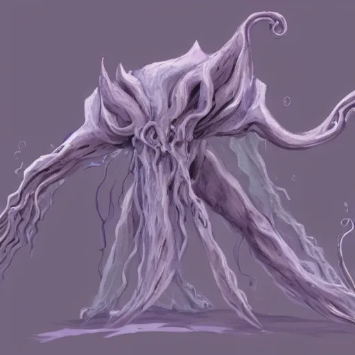 Image similar to concept designs for an end game boss that is an ethereal ghostly wraith like figure with a squid like parasite latched onto its head and long tentacle arms that flow lazily but gracefully at its sides like a cloak while it floats around a frozen rocky tundra in the snow searching for lost souls and that hides amongst the shadows in the trees, this character has hydrokinesis and electrokinesis for the resident evil village video game franchise with inspiration from the franchise Bloodborne