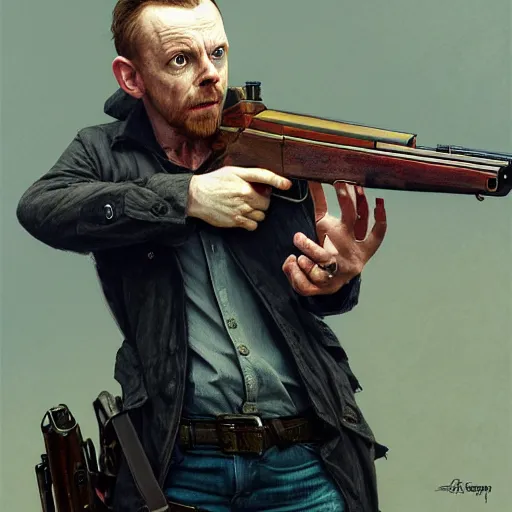 Prompt: portrait of simon pegg in the london of suburbs, winchester rifle, zombie apocalypse, joyful smirk, intricate, elegant, highly detailed, digital painting, artstation, concept art, matte, sharp focus, illustration, art by artgerm and greg rutkowski and alphonse mucha