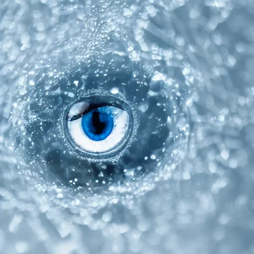 Image similar to An eye gazing through a transparent sheet of frosted ice, XF IQ4, f/1.4, ISO 200, 1/160s, 8K, RAW, unedited, symmetrical balance, in-frame