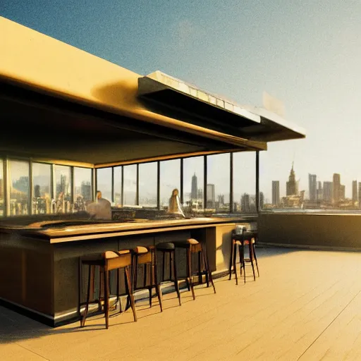 Prompt: rooftop bar overlooking beach in the style of Antoni Guadi, in the style of Mies van der rohe, photograph in style of Julius Shurman, warm light glowing, relaxing, dusk, cinematic lighting, trending on artstation