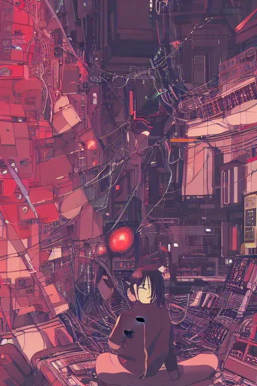 Prompt: cyberpunk anime style illustration of an android girl seated on the floor in a tech labor, seen from behind with her back open showing a complex mess of cables and wires, by masamune shirow, mamoru oshii and katsuhiro otomo, studio ghibli color scheme