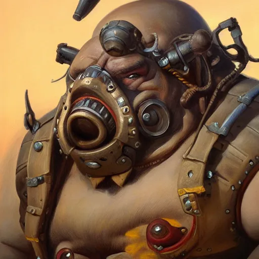 Image similar to detailed portrait of roadhog from overwatch, intricate, hyper detailed, realistic, oil painting, by julie bell, frank frazetta, cinematic lighting