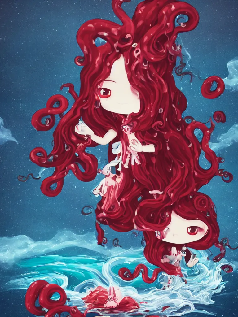 Image similar to cute fumo plush chibi gothic octopus maiden princess boy washing his hair in the waves of the wavering dark galactic abyss, long black and red ruffled intricate dress with ribbons, ocean wave thunderstorm and reflective splashing water, wisps of smoke and haze and volumetric fog, ocean simulation, vignette, vray