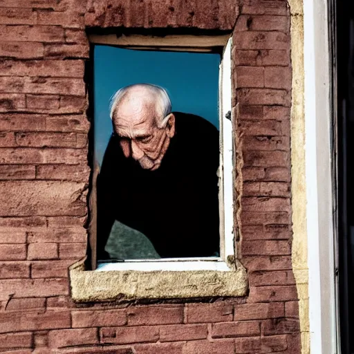 Image similar to a headless old man seen through a window