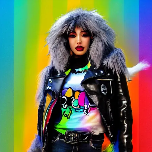 Image similar to wide angle full body, jacket wearing fluffy cute rainbow kitten wearing a black leather motorcycle jacket, cinematic concept art