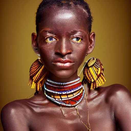 Image similar to vintage portrait of a stunningly beautiful west african tribal female, depth of field, zeiss lens, detailed, symmetrical, centered, fashion photoshoot, by edward s curtis, Annie Leibovitz and Steve McCurry, David Lazar, Jimmy Nelsson, Breathtaking, 8k resolution, extremely detailed, beautiful, establishing shot, artistic, hyperrealistic, beautiful face, octane render