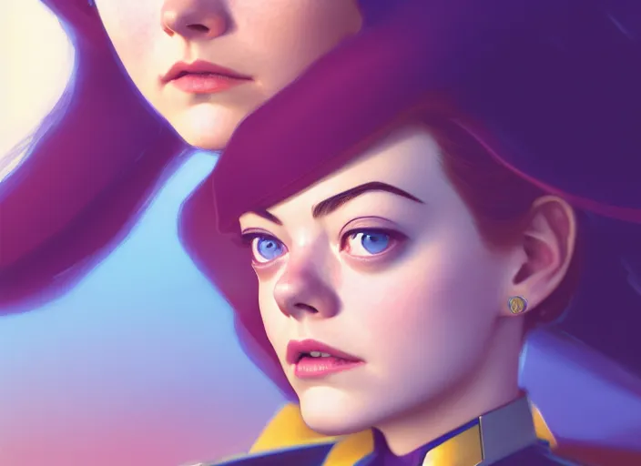 Image similar to a disney film still of emma stone as a star trek officer, finely detailed features, closeup of the face, perfect art, dusk, blue hour, gapmoe yandere grimdark, trending on pixiv fanbox, painted by greg rutkowski, makoto shinkai, takashi takeuchi, alphonse mucha, akihiko yoshida