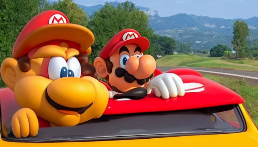 Prompt: garfield riding on a mario car while driving down a road made from lasagna
