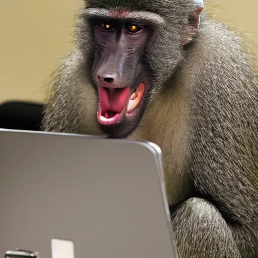 Image similar to a baboon angrily shouting at his computer screen because he got wrecked at call of duty in the office