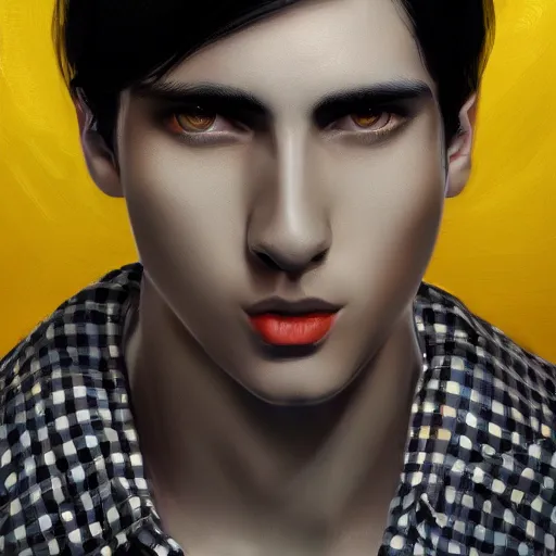 Image similar to ultra realistic illustration, man with black hair, in a checkered yellow and black shirt, with blue eyes, highly detailed, digital painting, artstation, concept art, smooth, sharp focus, illustration