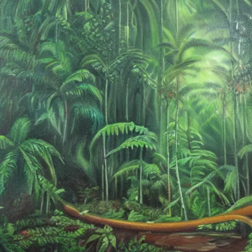 Image similar to an oil painting of a treasure lost in a lush rainforest