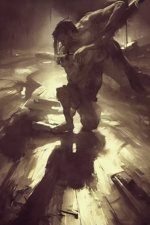 Image similar to man kneeling at the foot of a wooden cross, dramatic lighting art by Yoji Shinkawa by Richard Schmid by greg rutkowski by Sandra Chevrier by Jeremy Lipking cinematic dramatic, by frank miller, illustration by Ruan Jia and Mandy Jurgens and William-Adolphe Bouguereau, Artgerm, 4k, digital art, surreal, space dandy style, highly detailed, godsend, artstation, digital painting, concept art, smooth, sharp focus, illustration by Ruan Jia and Mandy Jurgens and William-Adolphe Bouguereau, Artgerm