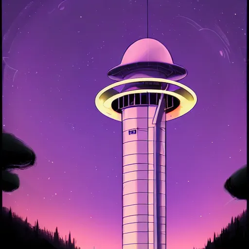 Image similar to don bluth, artgerm, joshua middleton, purple color pallete, welcome to night vale, radio tower with black hole above it, helicopter, spooky strange weird quirky, cartoon, 2 d, chiral lighting