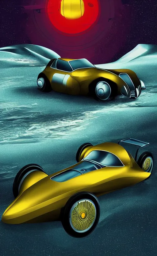 Image similar to retro - futurism, art - deco style sports car moving at hyper speed through the ice lake, poster, long - distance shot