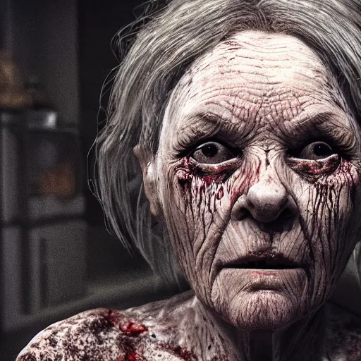 Image similar to a highly detailed photographic render of a creepy old lady, bloody, cannibal woman, cinematic lighting, cinematic scene, Volumetric lighting, Atmospheric scene, Dark, Horror, Atmospheric lighting, Global illumination cinematic render, film, beautifully lit, ray traced, octane 3D render, octane render, unreal engine