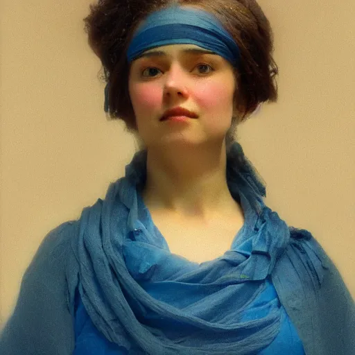 Prompt: a woman’s face wearing a blue silk blindfold, by ivan aivazovsky and alma tadema and remrandt and willen claesz heda, rendered in octane