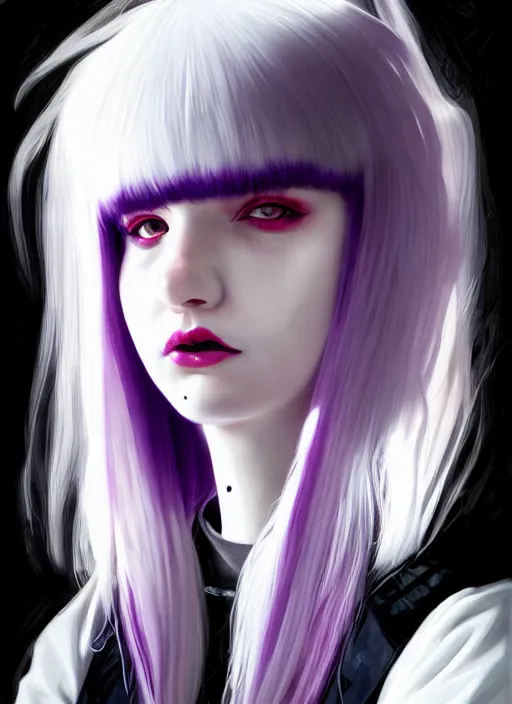 Image similar to portrait of white teenage girl, normal face, white bangs, mall goth, cyberlox, black and white hair, bangs, fluffy bangs, red contact lenses, purple lipstick, intricate, elegant, highly detailed, digital painting, artstation, concept art, sharp focus, smooth, illustration, art by wlop, mars ravelo and greg rutkowski